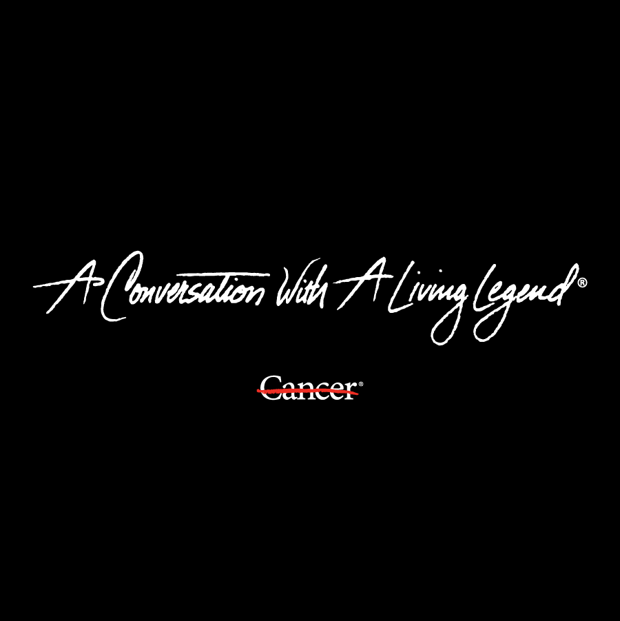 A Conversation with a Living Legend logo featured in white on a black square with the MD Anderson strikethrough logo beneath it. 
